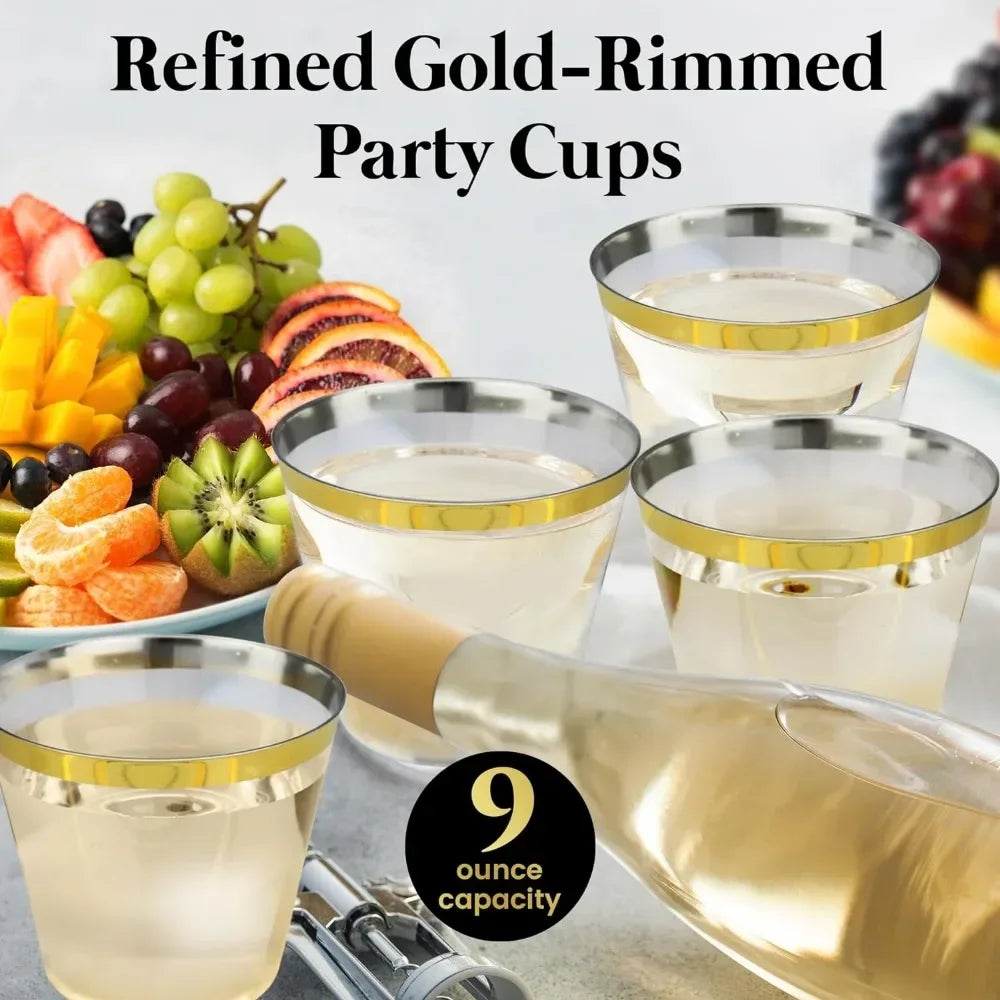 600 Piece Gold Disposable Dinnerware Sets, 200 White and Gold Plates, Set of 300 Gold Plastic Silverware, 100 Plastic Cups