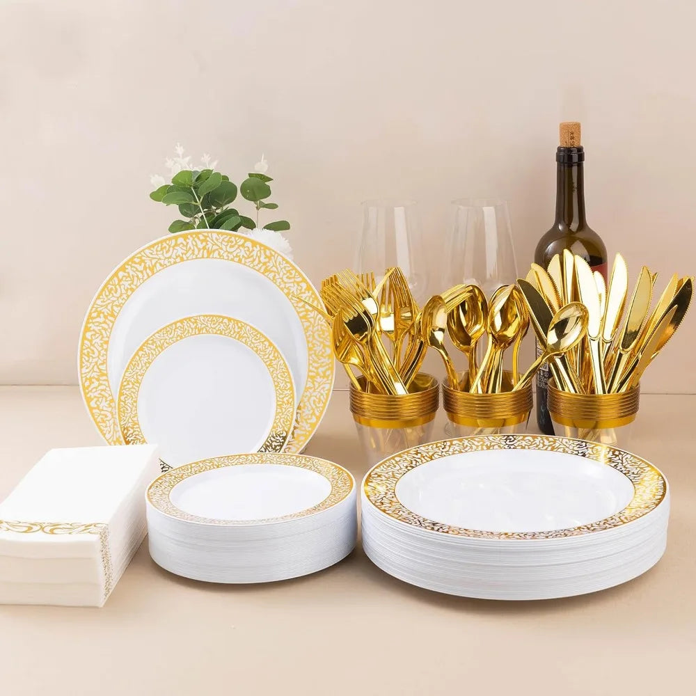 700PCS Gold Plastic Dinnerware Set for 100 Guests, 100 Dinner Plates, Dessert Plates, Gold Silverware Set,Cups, Napkins