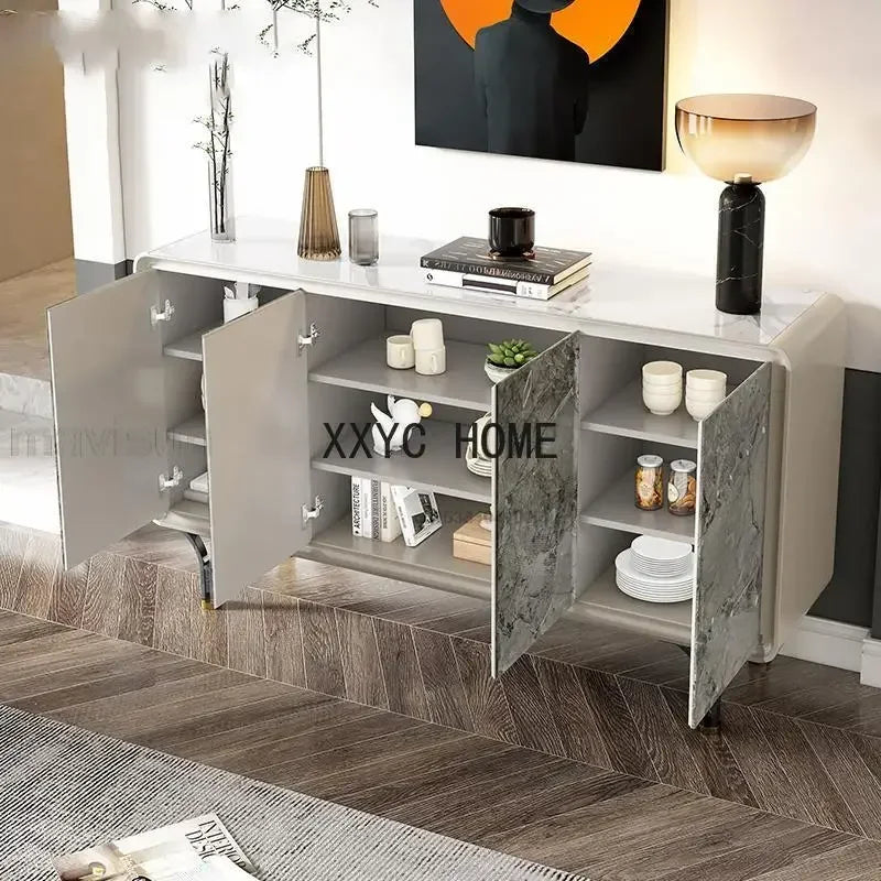 Buffet avec dessus en ardoise brillante pour cuisine, meuble de rangement de salon de luxe moderne et minimaliste, meuble de salle à manger auxiliaire