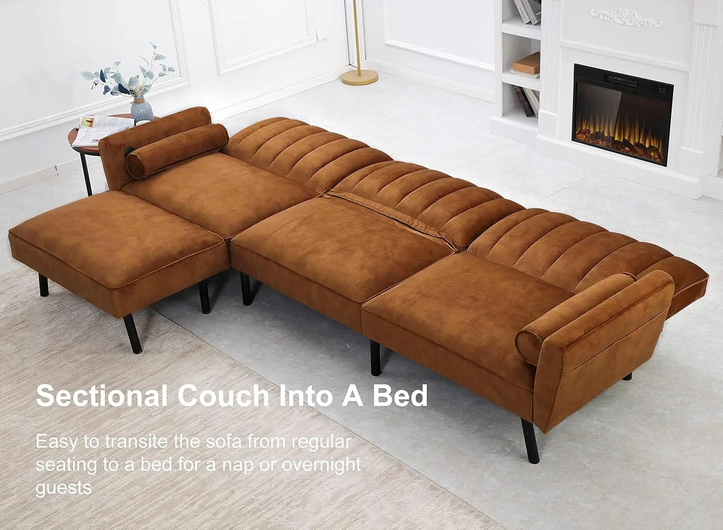 Velvet Sectional Convertible Sofa with Chaise, Sectional Sofa Couch with USB, Split Back Folding Futon Couch for Living Room