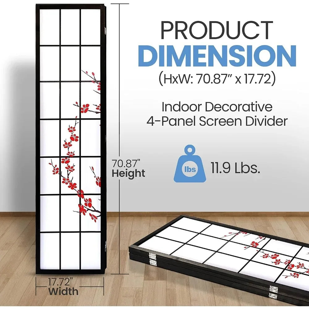 Classic Japanese Screen Room Divider - Portable Freestanding Indoor Decorative 4-Panel Room Divider, Room Separator, Folding