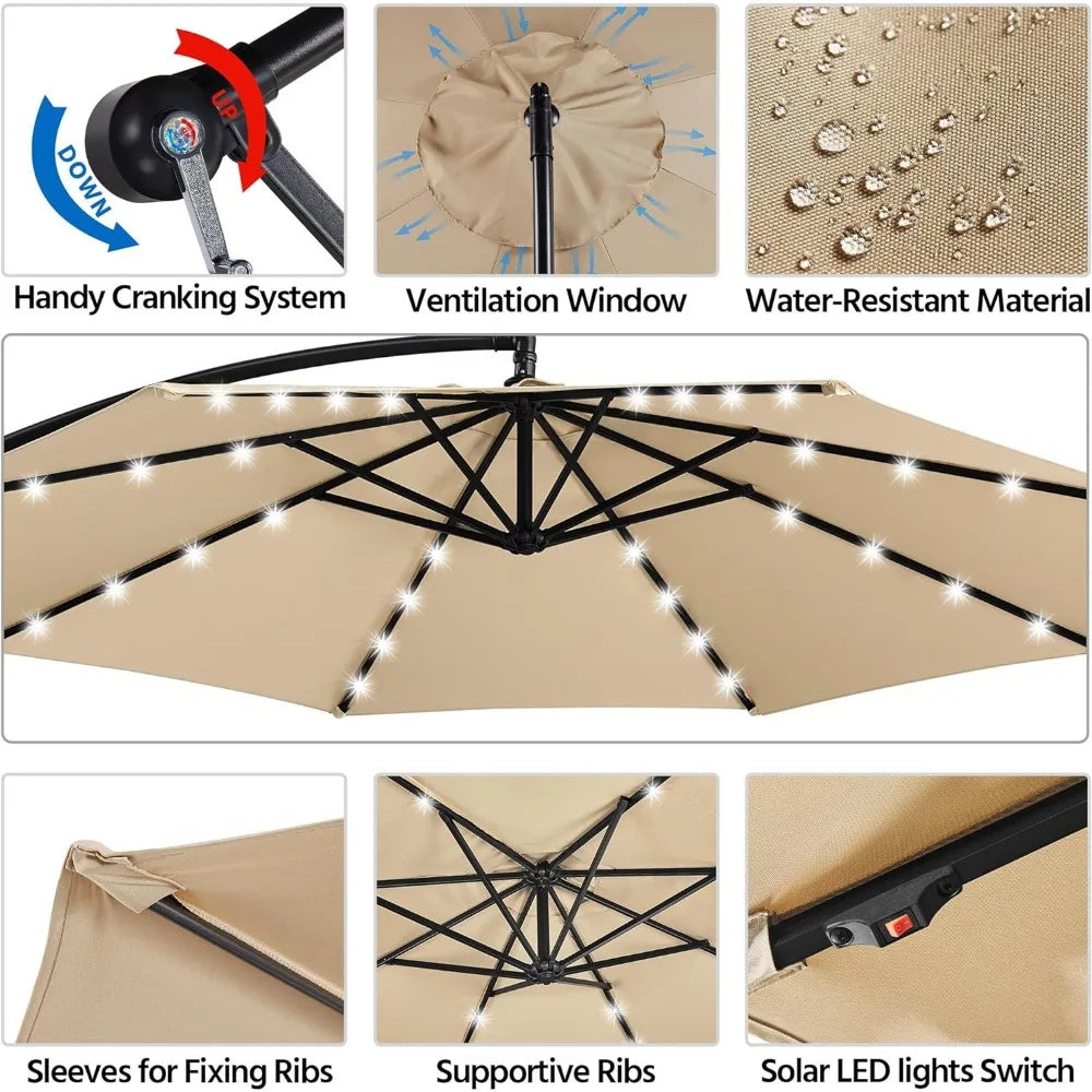 Solar Offset Umbrella with 10FT 32 LED Lights Cantilever Outdoor Umbrellas Handy Crank & Cross Base  for the Beach for Backyard