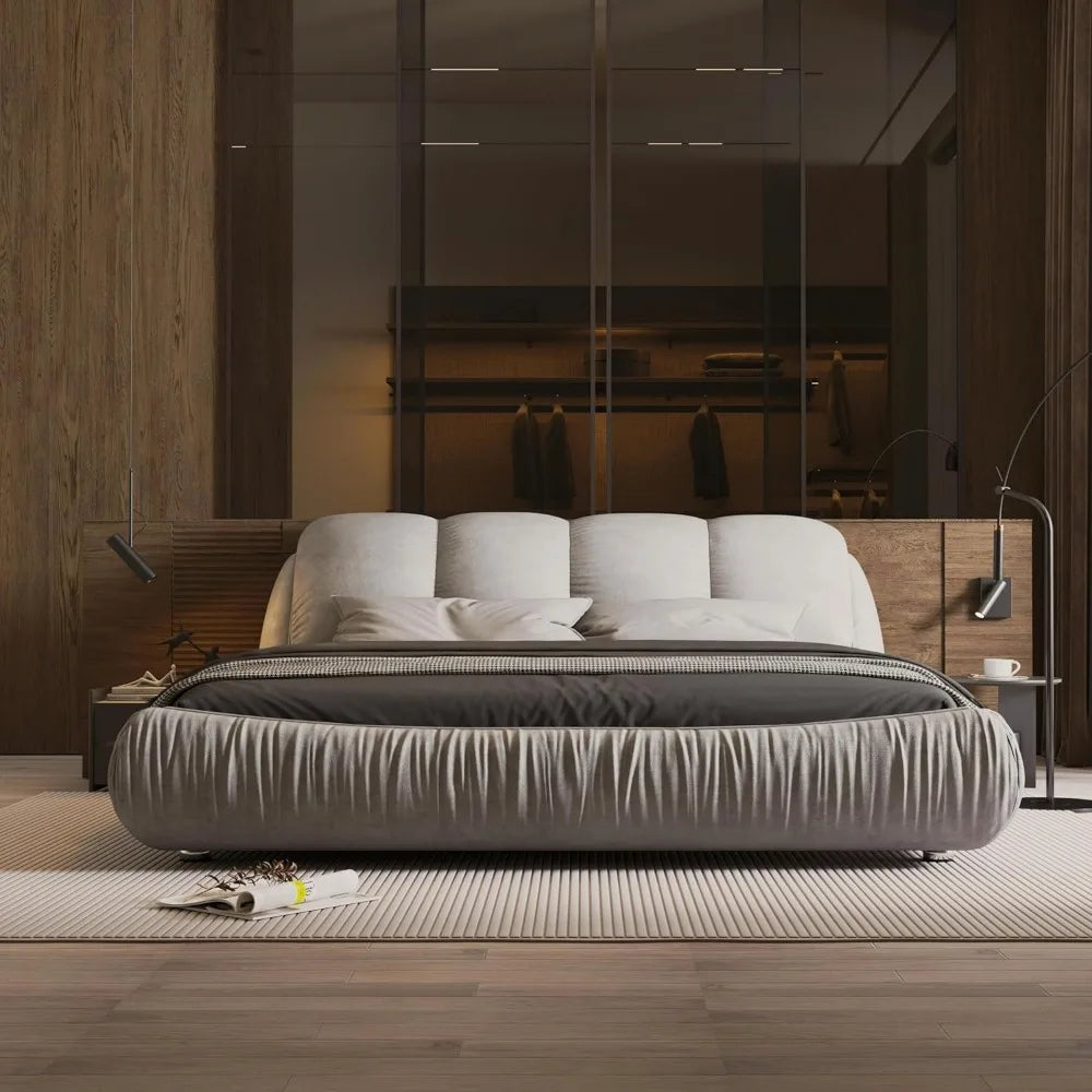 Cama contemporánea tapizada con respaldo acolchado de gran tamaño, cama de plataforma tamaño king | Listones de madera de pino engrosados