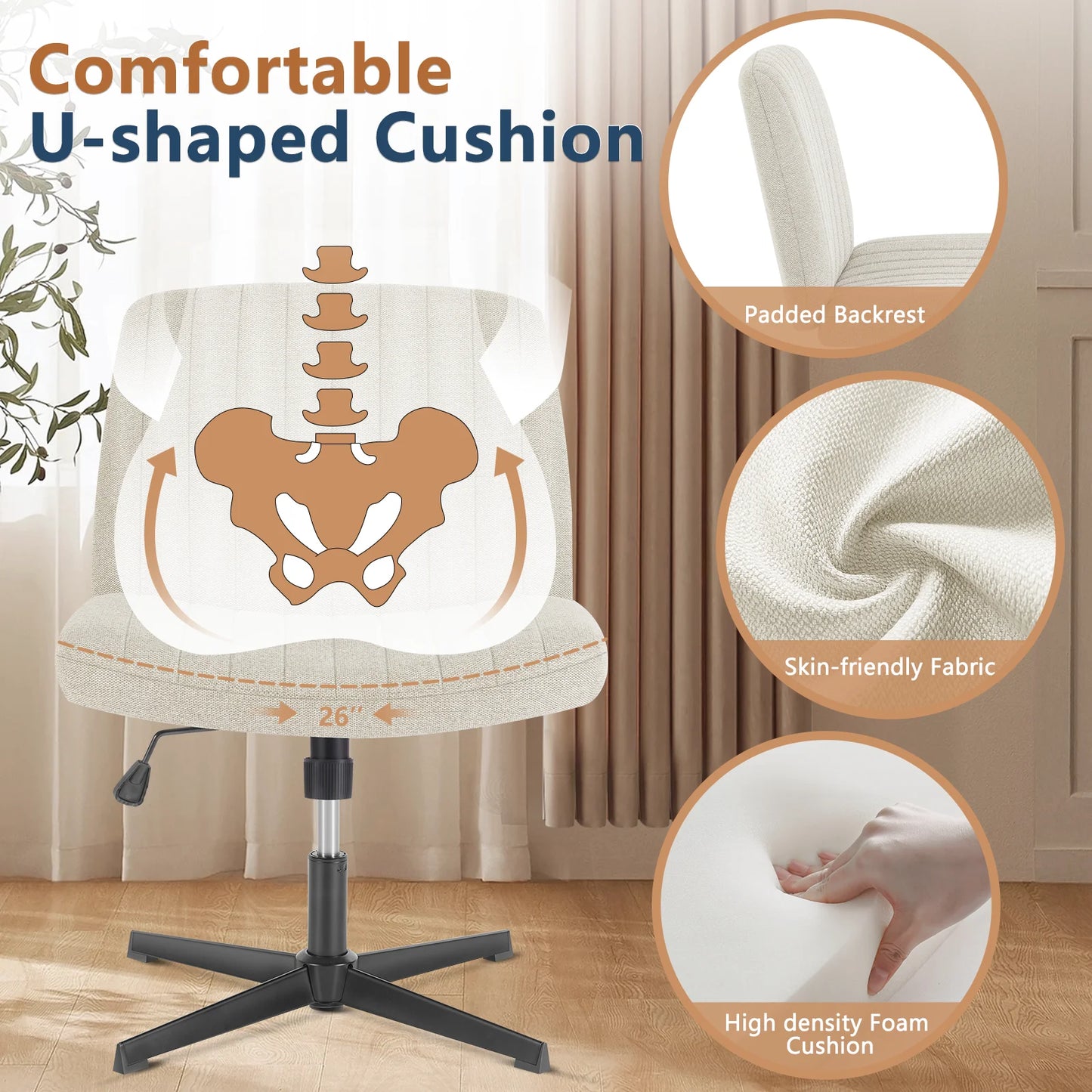 JHK - Silla mecedora para juegos con patas cruzadas, para oficina, sala de estar, escritorio ancho sin brazos, ajustable, giratoria, de tela, para tareas, oficina en casa