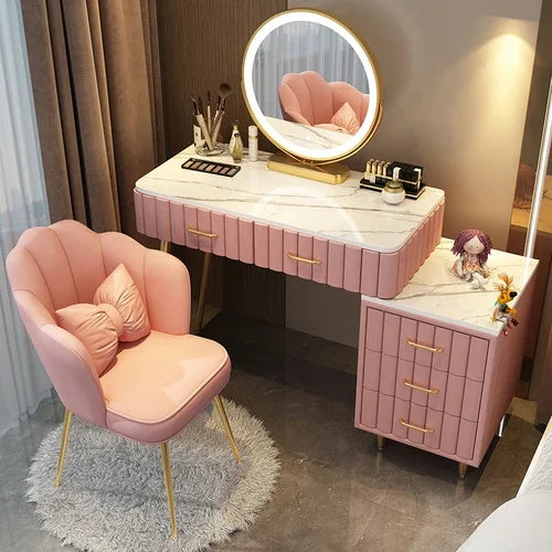 Coiffeuse de maquillage rose pour femmes, tiroir, miroir, table de toilette, support, meuble de rangement, coiffeuse de chambre, meubles de maison