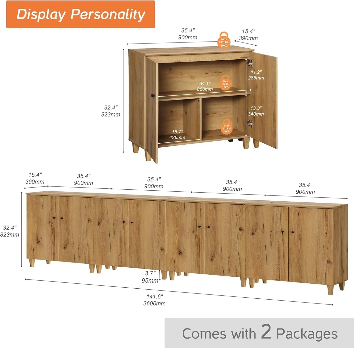 Sideboards Buffet Cabinets with Doors, 4-in-1 Extra Wide Kitchen Wood 141.6" Long Buffet Server Table