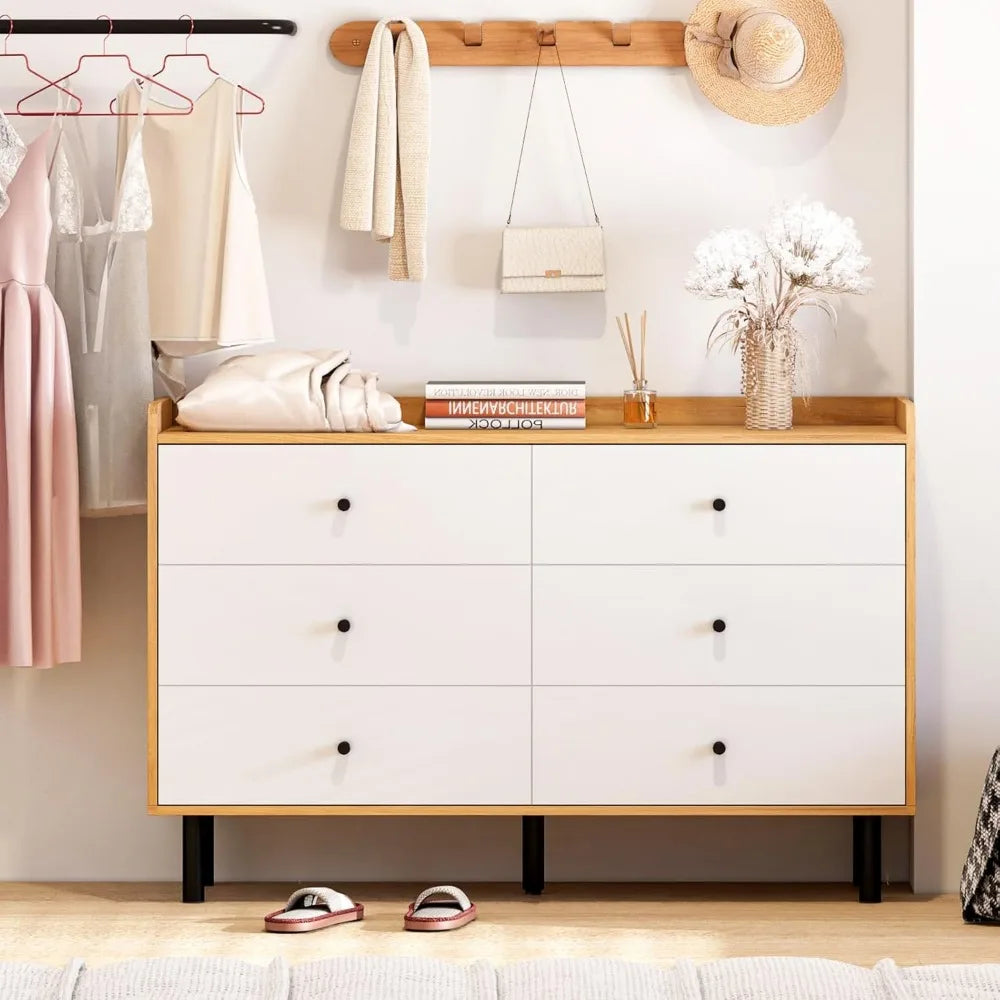 Dresser with 6 Drawers and Metal Handle,Sturdy Frame Modern Bedroom Furniture, Chest of Drawers, White Dressers with Drawers