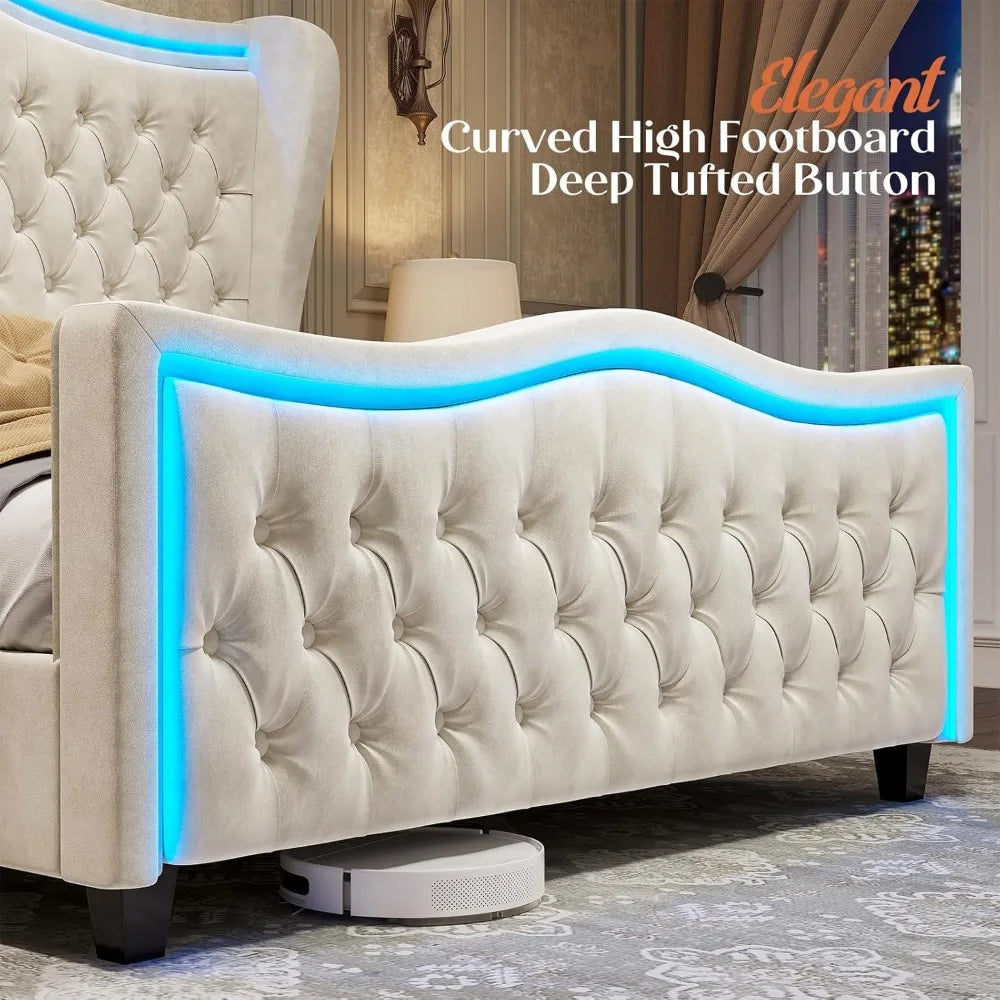 Queen Size Bed Frame with LED Lights, 53'' Upholstered Platform Wingback Bed with Handmade Deep