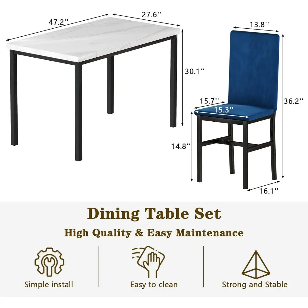 Ensemble de table à manger pour 4 personnes, plateau en faux marbre de style moderne et 4 chaises en velours bleu pour salle à manger, cuisine, petit-déjeuner et petits espaces