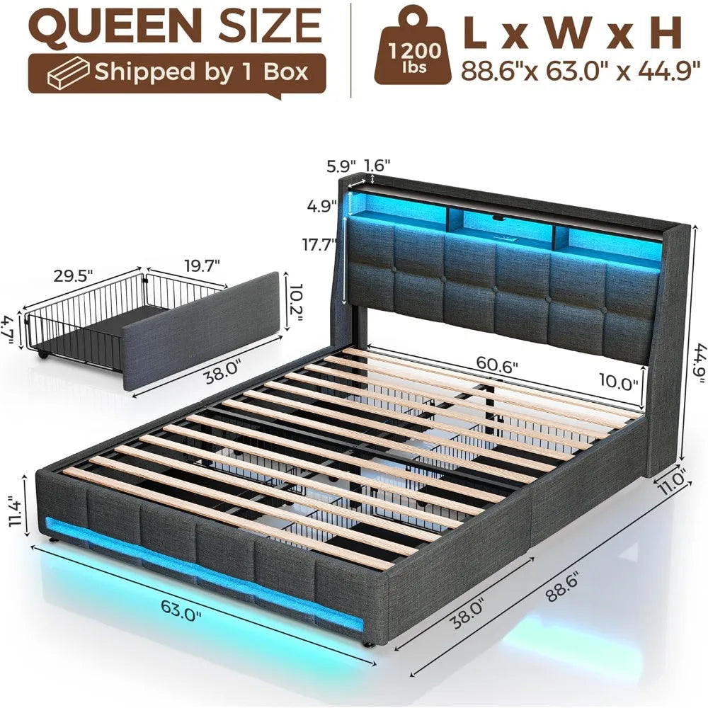 Cadre de lit Queen Size avec lumières LED et station de charge, tête de lit et tiroirs rembourrés, lattes en bois robustes