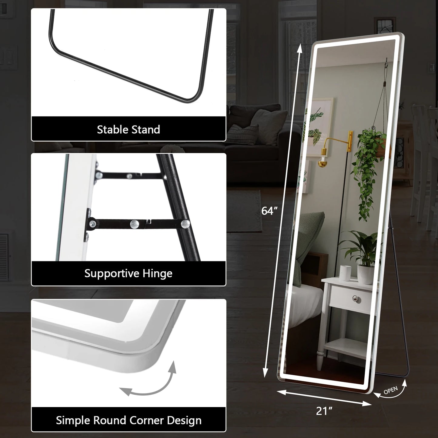 Miroir pleine longueur à LED JHK 64"x21" Miroirs suspendus ou muraux avec support Cadre en alliage d'aluminium pour salon