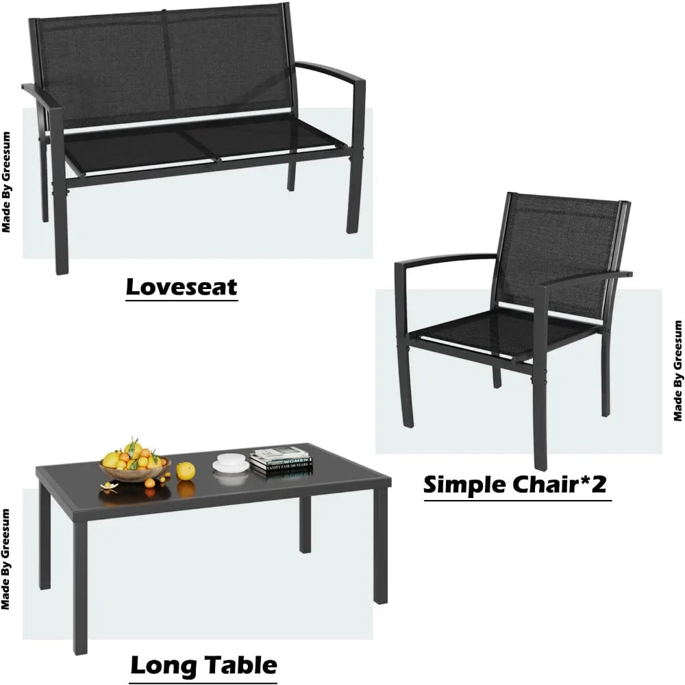 4 Pieces Patio Furniture Set, Outdoor Conversation Sets for Patio, Lawn, Garden, Poolside with A Glass Coffee Table