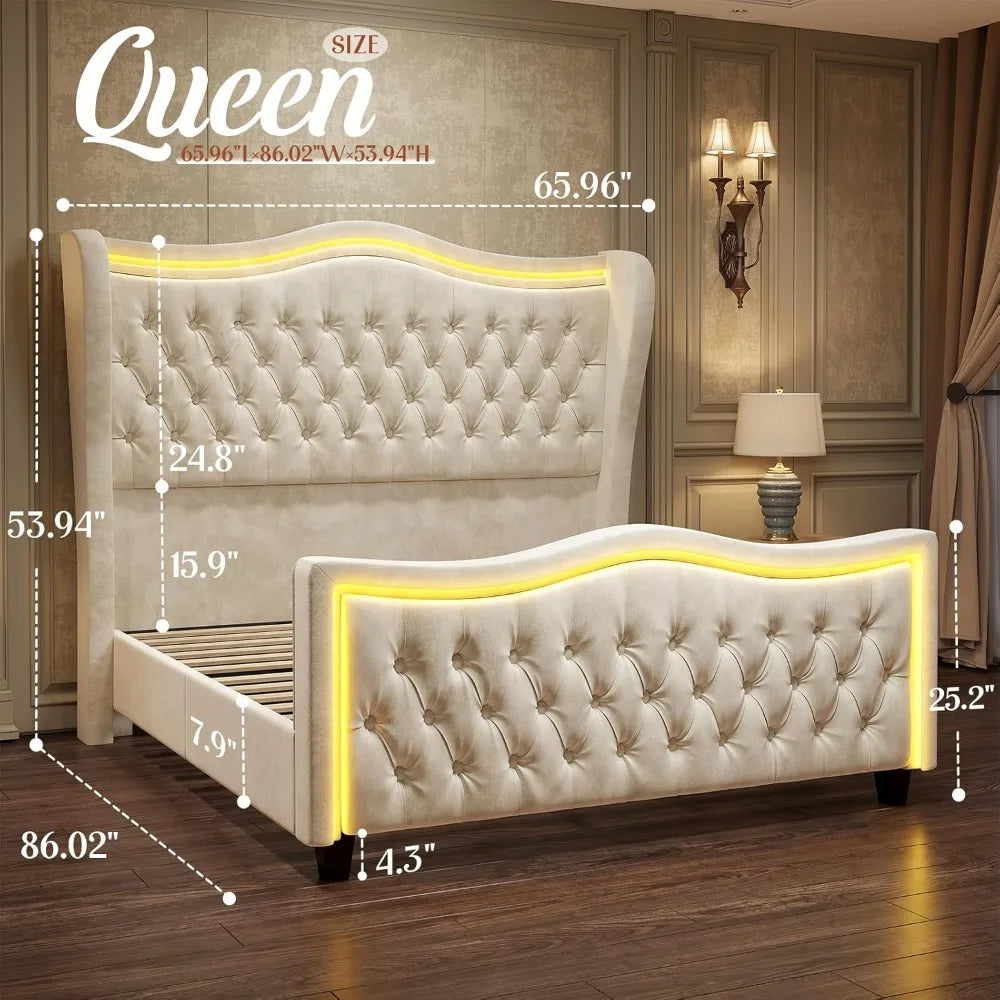 Queen Size Bed Frame with LED Lights, 53'' Upholstered Platform Wingback Bed with Handmade Deep