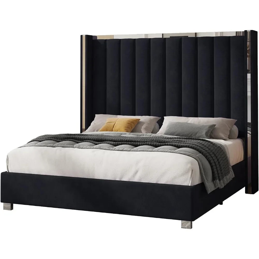 Cadre de lit king size avec tête de lit de 58 po de hauteur, lit plateforme rembourré en velours avec tête de lit à oreilles et garniture en placage