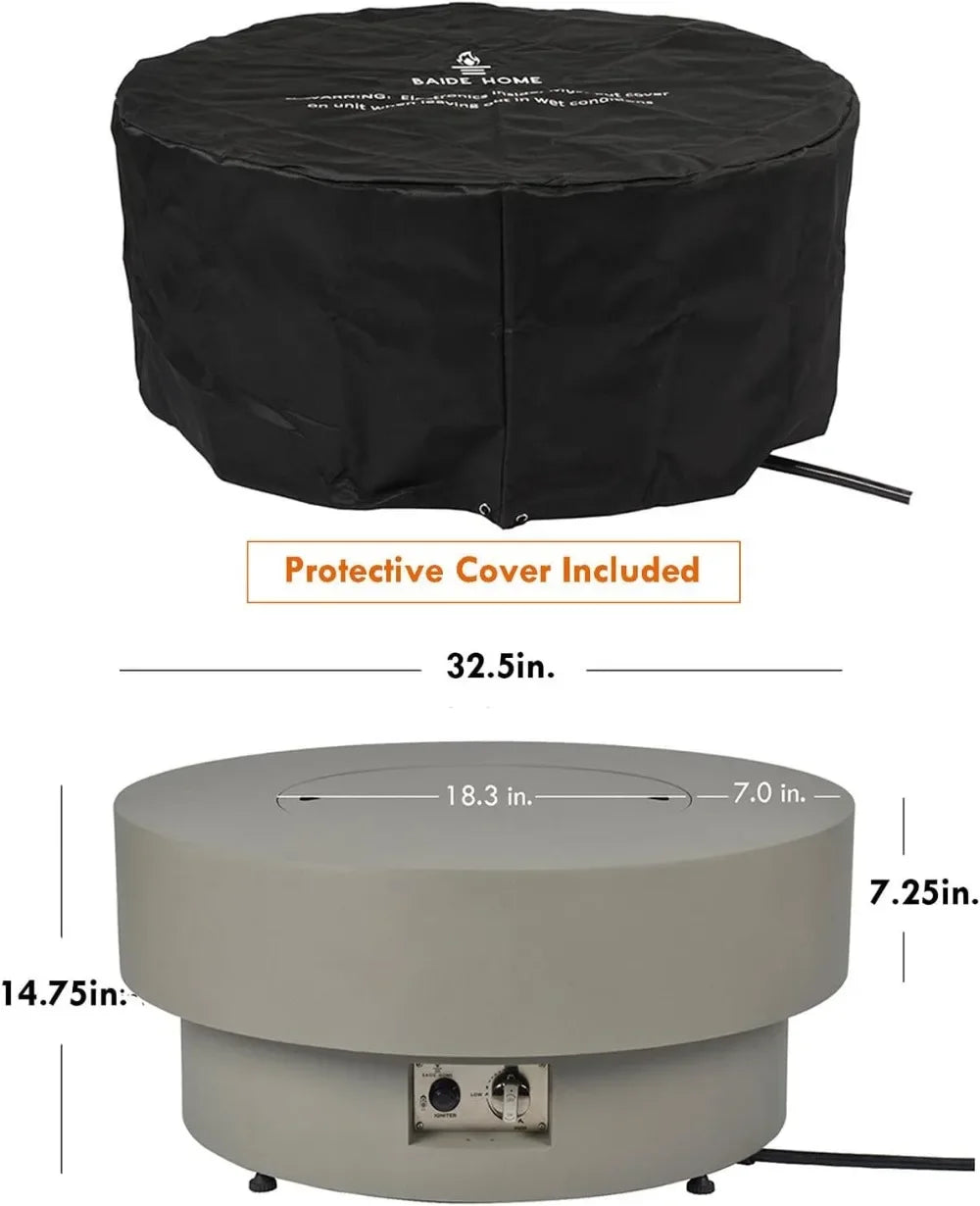 Propane Outdoor Fire Pit Table, Flint & Concrete Look 33-inch Round Patio Gas Fire Table 50,000 BTU w/Lid, Fire Glass