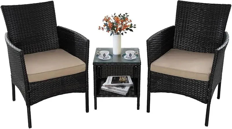 QJRBIAO Conversation Furniture 3-Piece Set PE Rattan Wicker Chair with Table Suitable for Patio, Poolside, Lawn and Other