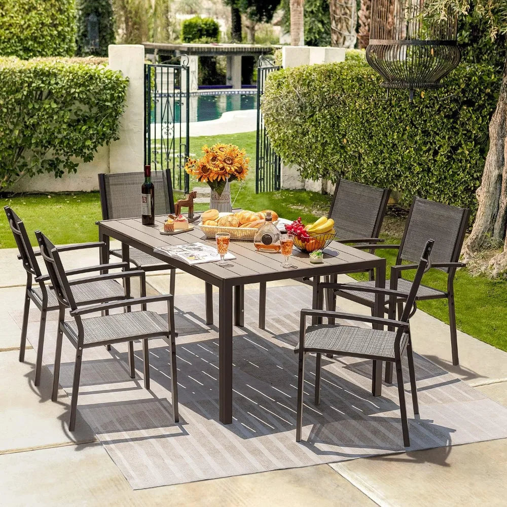 Ensemble de salle à manger d'extérieur avec 6 chaises empilables en textilène et une grande table