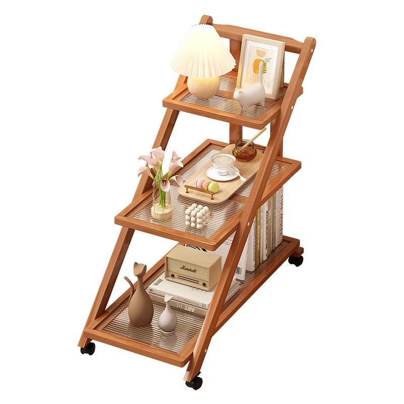 Removable Small Side Table 3-tier Bamboo Trolley with Wheels Shelves for Kitchen Bedroom and Living Room, Coffee Table Furniture