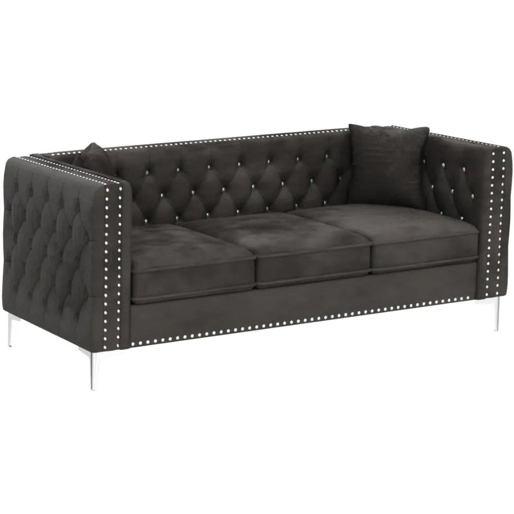 Velvet Sofa for Living  Square Arm Couch,Modern Couch Upholstered Button and Metal Legs,Couch with 2 Pillows