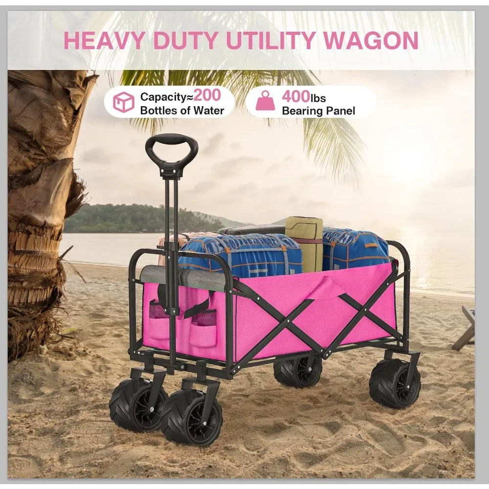 Sand Camping Trolley Pink Garden Carts Folding Home Handcart Beach Cart With Big Wheels Hand Cart Collapsible Foldable Wagon