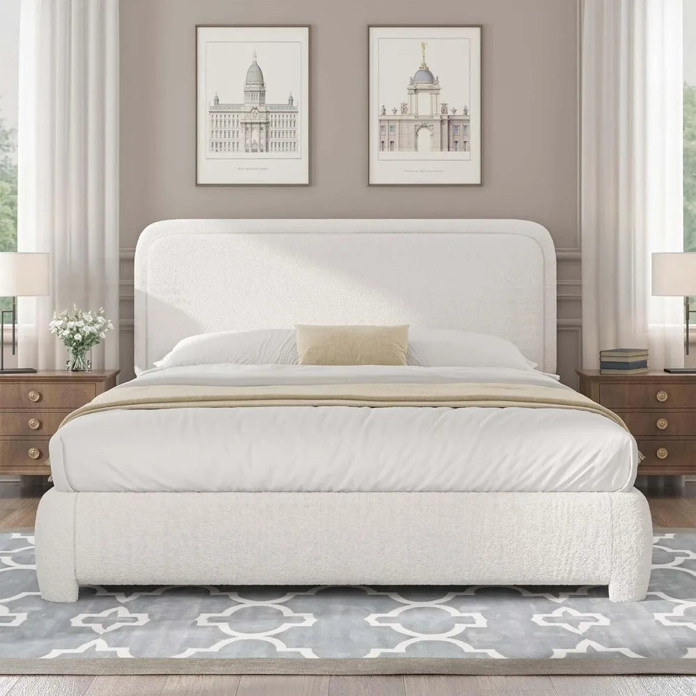 Queen Bed Frame, Boucle Upholstered Platform Bed Frame with Headboard, Soft Rounded Corners, No Box Spring Required