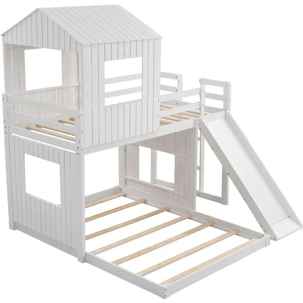 Lits superposés avec toboggan, en bois avec toit et garde-corps pour enfants, tout-petits, pas besoin de sommier (blanc, lit mezzanine simple avec toboggan)