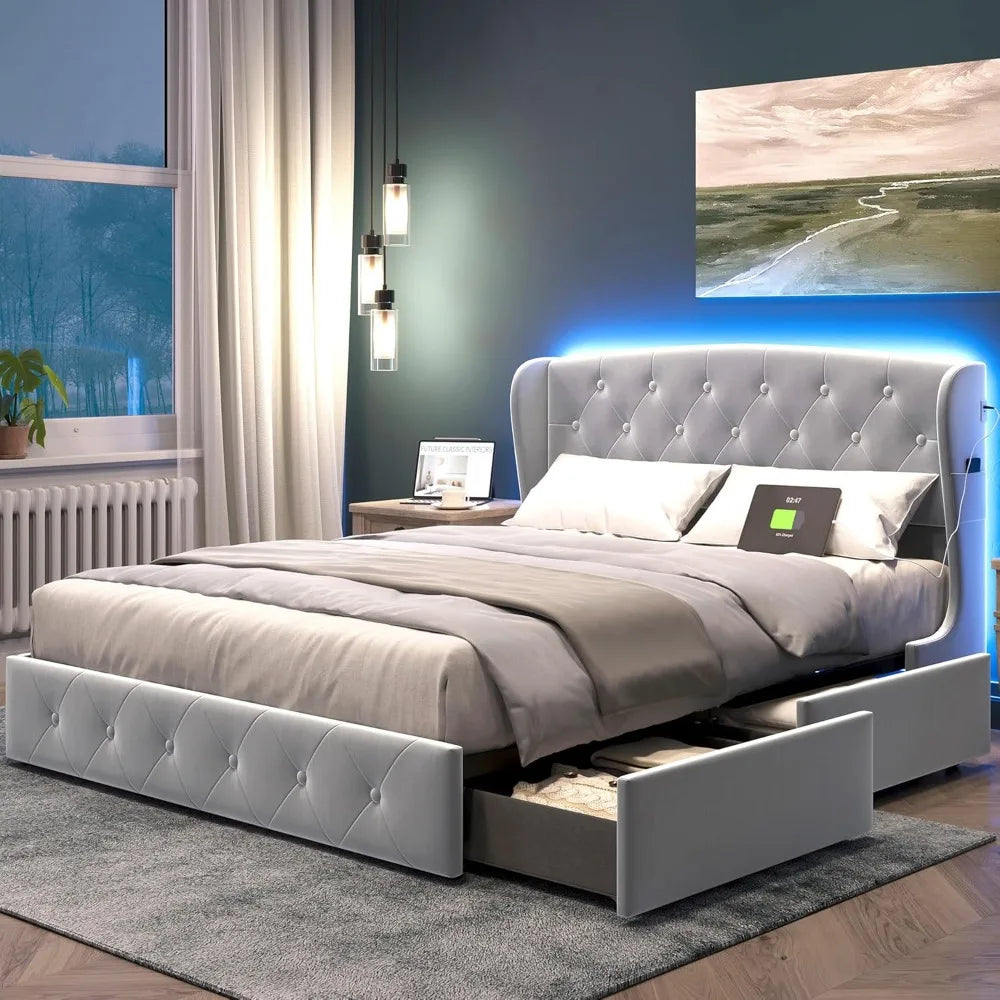 Bed Frame, Velvet Upholstered Bed Frame with RGB Lights & USB-C Charger, Platform Bed Frame Queen Size with StorageLM