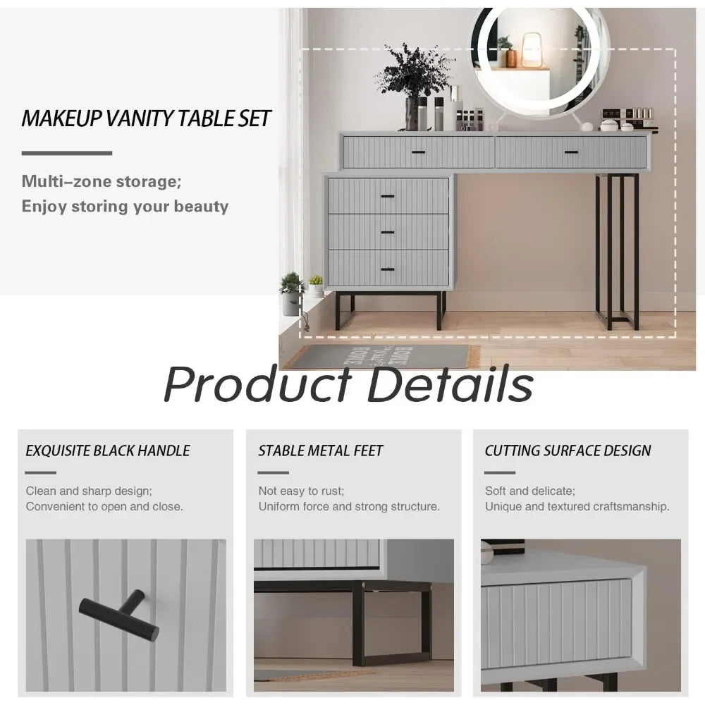 Gray Makeup Vanity Desk Set with Drawers, Modern Makeup Dressing Table Bedroom Vanity Sets Storage Dresser Furniture Set Grey