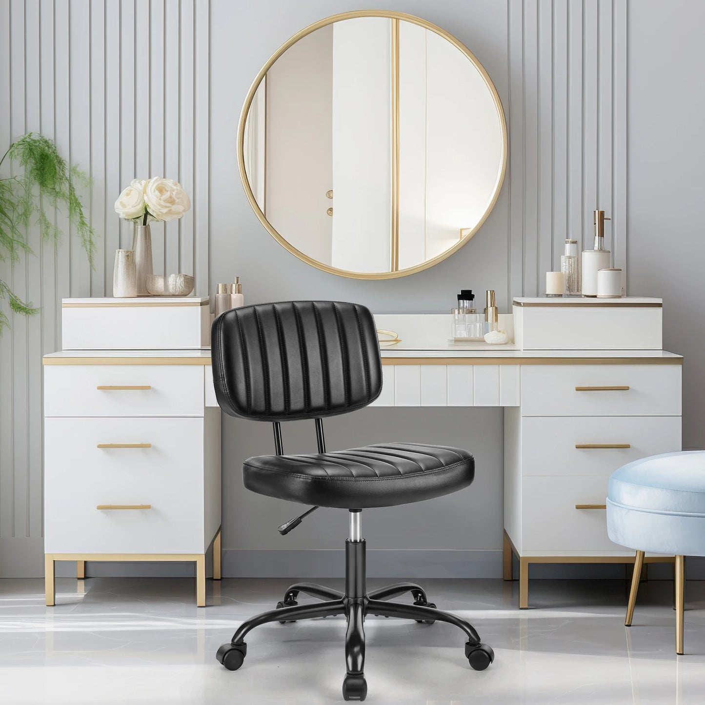 Silla de escritorio de oficina sin brazos JHK con respaldo y soporte lumbar, altura ajustable, silla de computadora de cuero PU con ruedas giratorias de 360°