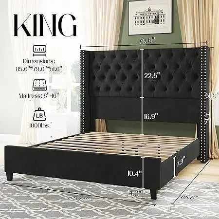 Bed Frame, Upholstered Beds Velvet Low Profile Platform Beds with Raised Wingback Headboard, Bed Frame