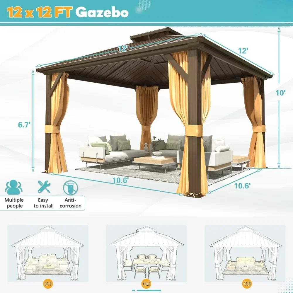 Tentes d'extérieur, gazebo à toit rigide de 12' X 12', gazebo à double toit en acier galvanisé pour patio, pelouse et jardin, tente de jardin en plein air