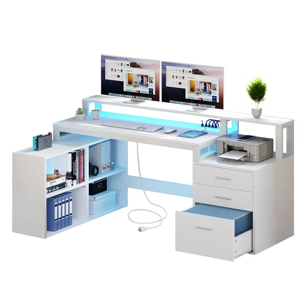 Ensembles de mobilier de bureau, bureau en L de 65 pouces avec prises de courant et support pour moniteur, bureau d'ordinateur avec éclairage LED et classeur