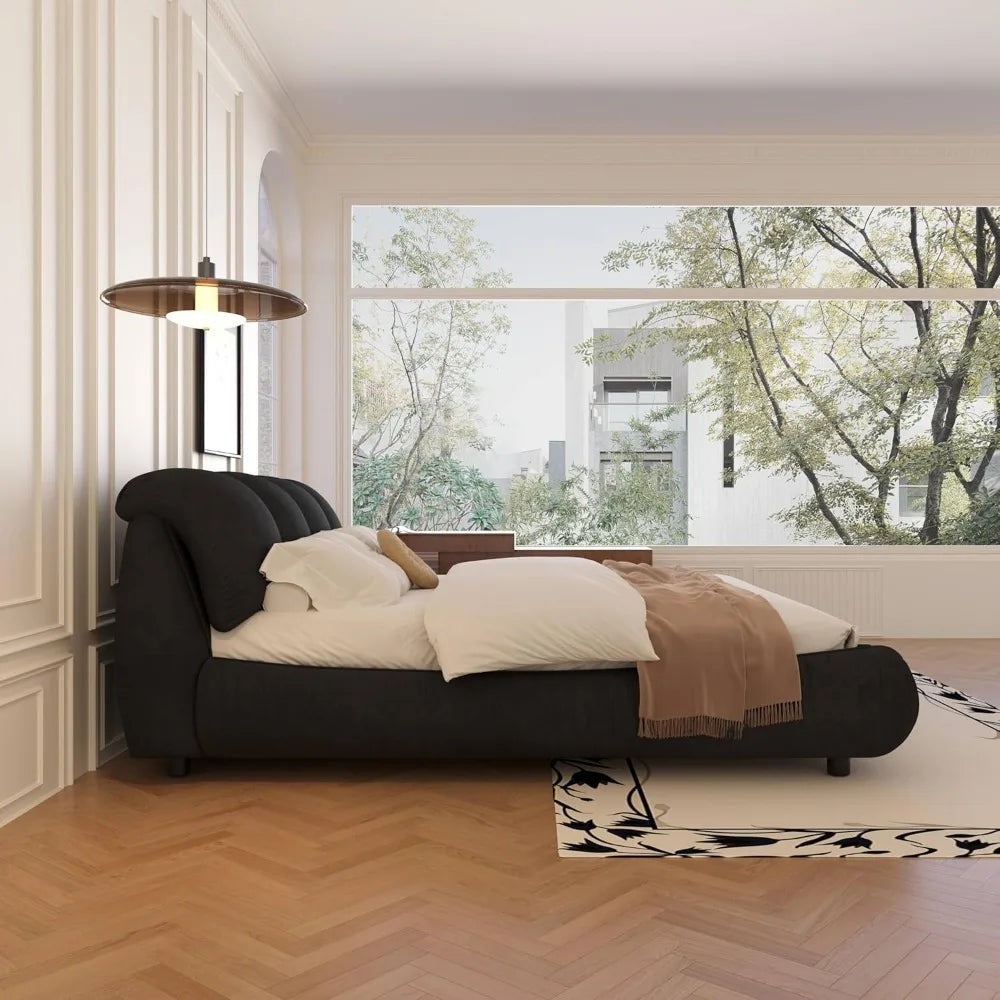 Cama contemporánea tapizada con respaldo acolchado de gran tamaño, cama de plataforma tamaño king | Listones de madera de pino engrosados