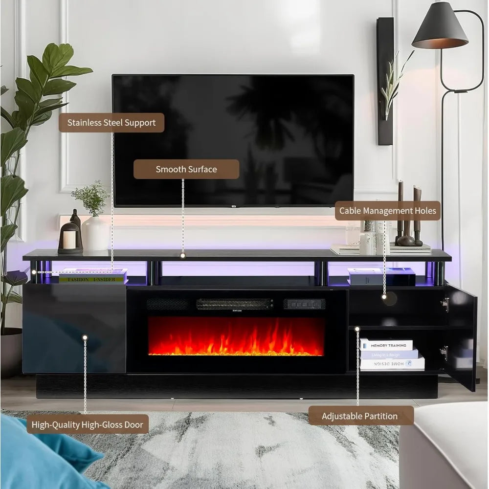 70" Electric Fireplace, LED Light Entertainment Center, 2 Tier Console Stand for TVs Up to 80", Black Modern TV Stand