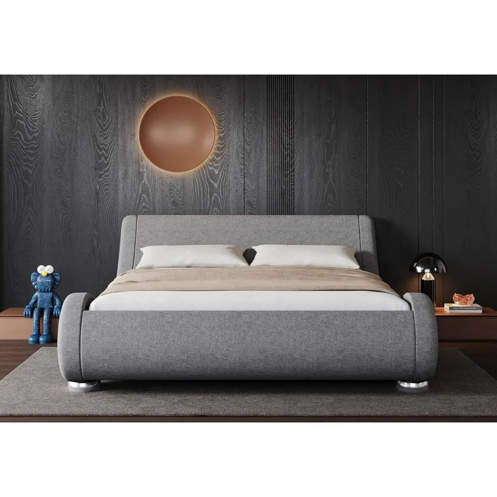 Cadre de lit king size avec tête de lit ergonomique et réglable, design moderne à plateforme rembourrée à profil bas