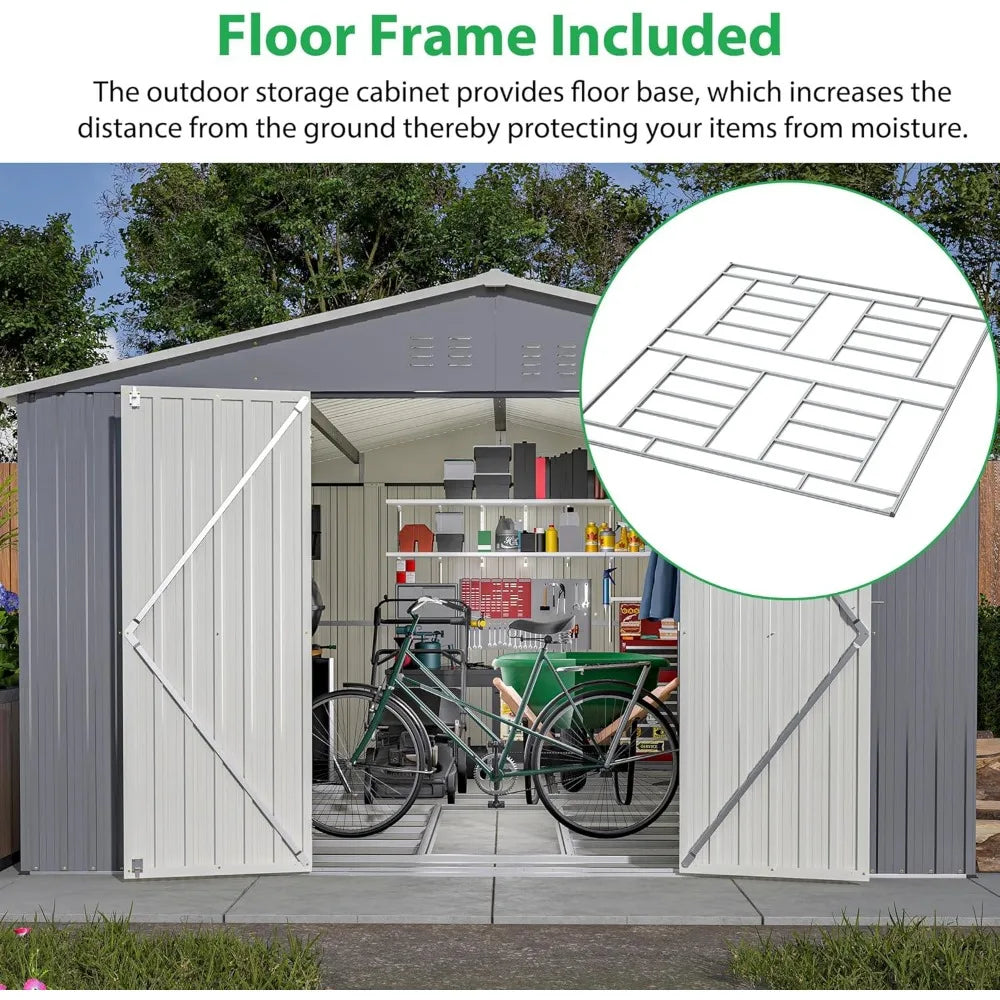 11' x 13' Outdoor Metal Storage Shed with Floor Frame Base, Galvanized Steel Garden Shed with 4 Vents