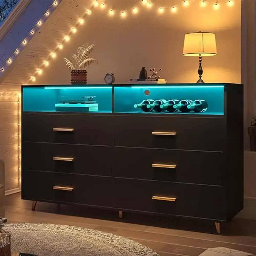 Cómoda de madera con luces LED para dormitorio, cajones grandes, tiradores de metal, organizador de ropa, mesita de noche brillante, muebles de madera para dormitorio