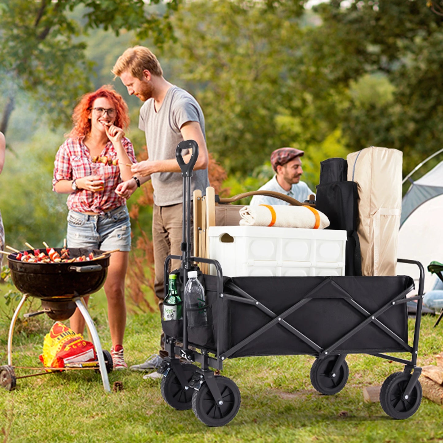 JHK Chariot de plage pliable d'extérieur pour jardin, grande capacité, chariot d'épicerie utilitaire pour le shopping, le sport et le camping