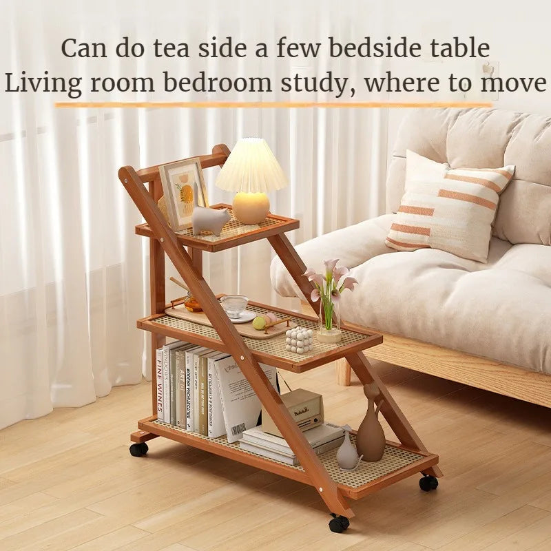 Removable Small Side Table 3-tier Bamboo Trolley with Wheels Shelves for Kitchen Bedroom and Living Room, Coffee Table Furniture