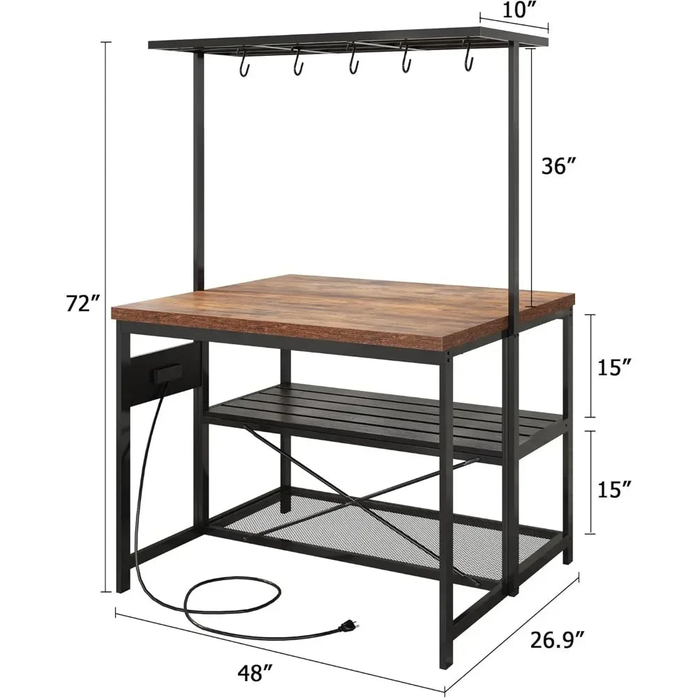 table d'îlot de cuisine, îlot de cuisine avec rangement, support de boulanger avec prise de courant, table d'îlot pour support de micro-ondes à 3 niveaux de cuisine