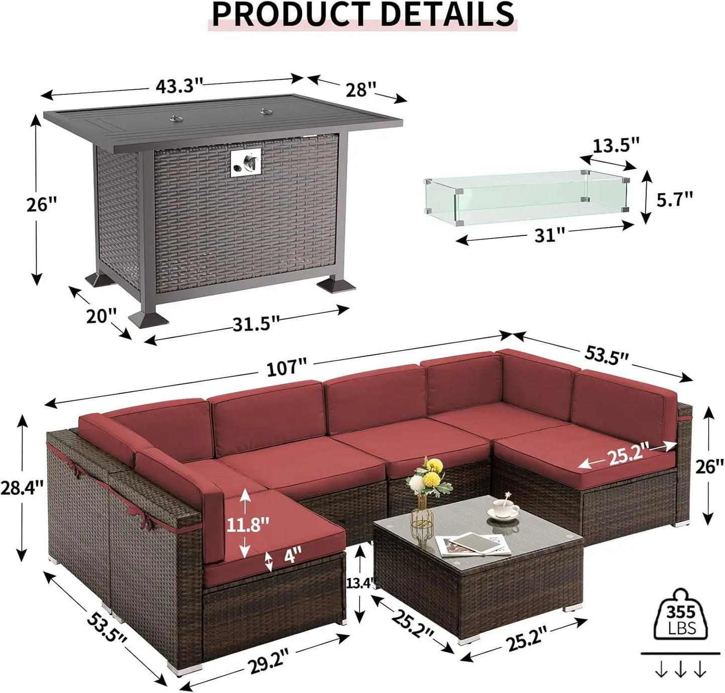 Patio Furniture Sets with Fire Pit Table PE Rattan Outdoor  Sectional w/Waterproof Covers for Patio Back Deck, Balcany Poolside