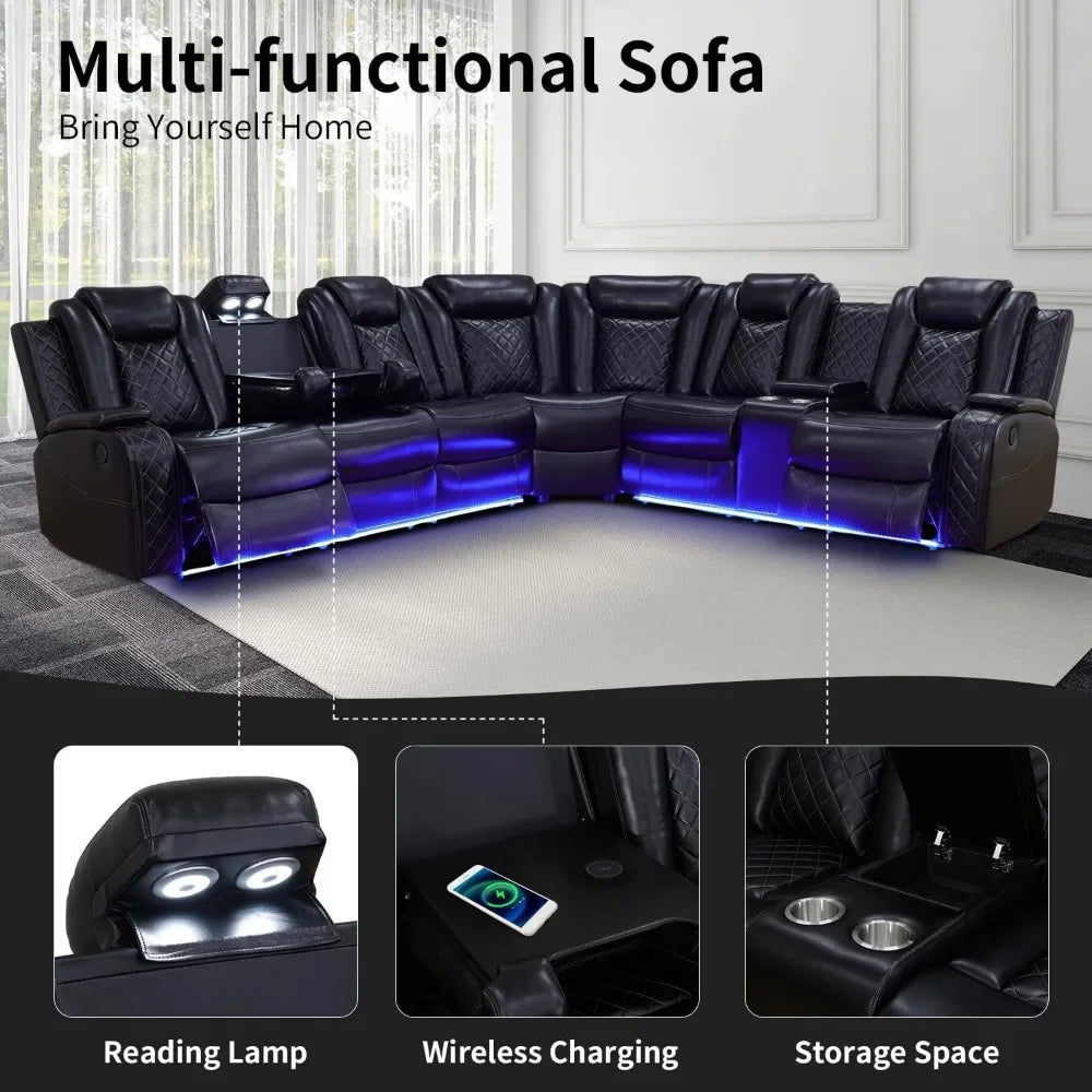 recliner，Power Recliner Sofa Sectional Couches with LED Light for Living Room,Leather Reclining Corner Sectional Sofa Set