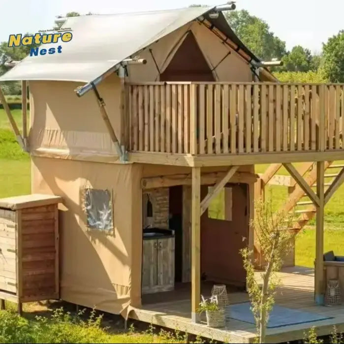 Tente Safari à deux étages avec 2 lits, tente de camping de luxe préfabriquée, maison en bois à 2 étages