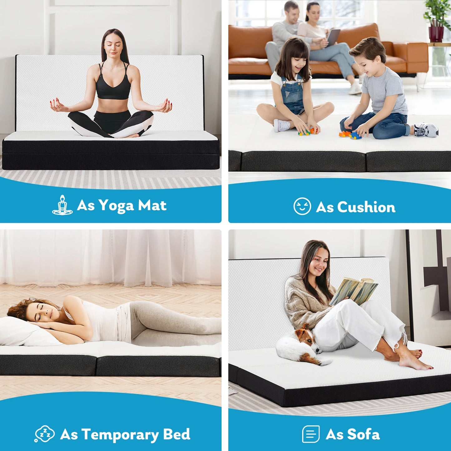 Cama de suelo portátil plegable de tres pliegues JHK, certificada por CertiPUR-US, adecuada para viajes, campamentos y yoga, tacto suave y cremallera flexible