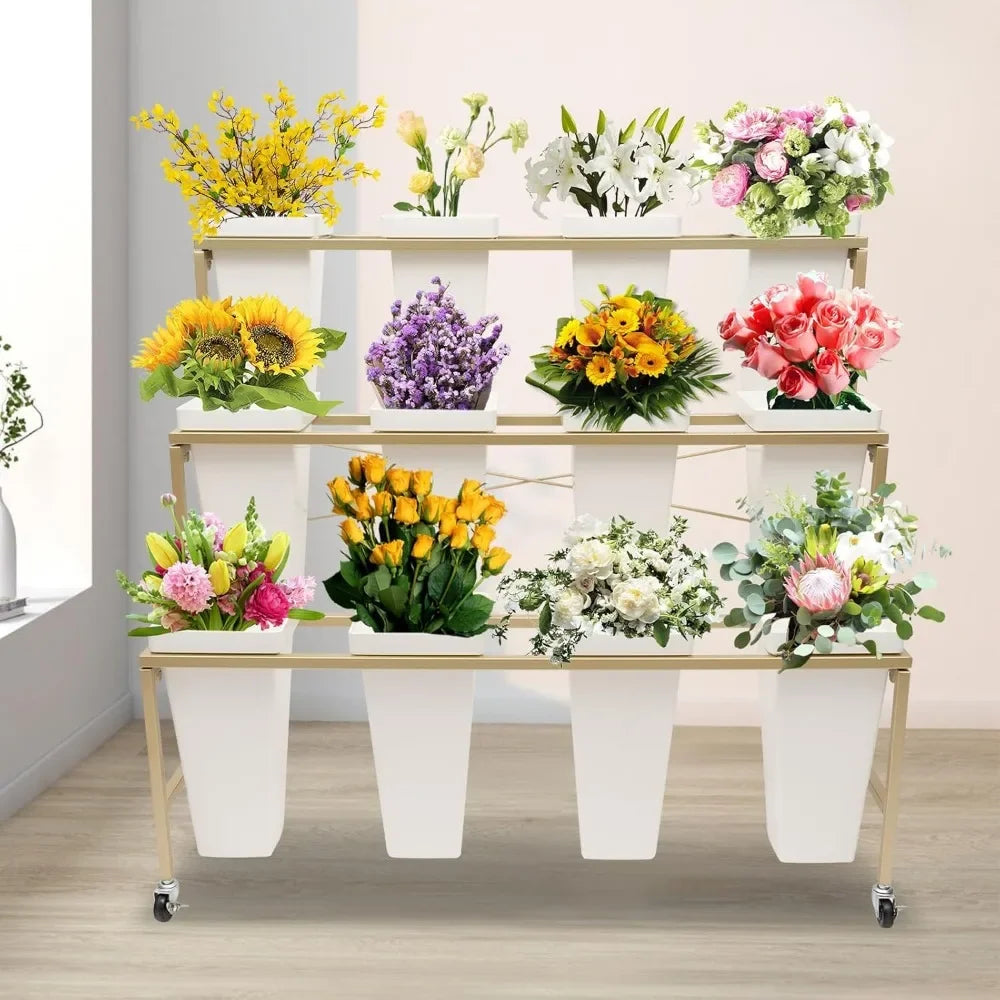 3 Layers Metal Plant Stand,Flower Display Stand with 12Pcs Buckets,Moving Florist Bouquet Shelf for Fresh Flower Shop