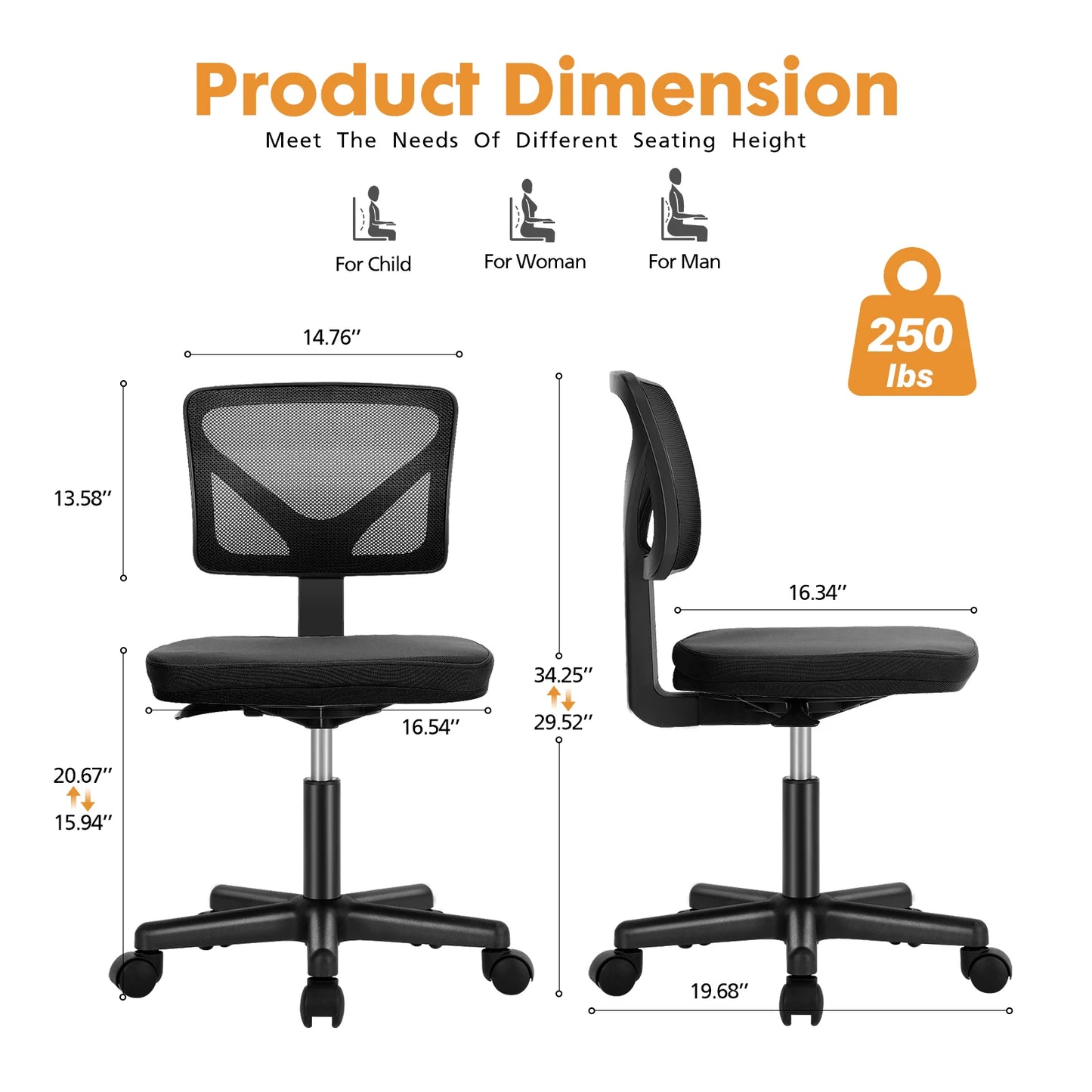 JHK Mesh with Lumbar Support Armless Office Chair Low Back with Wheels Adjustable Height 360° Rolling Swivel Computer Chair