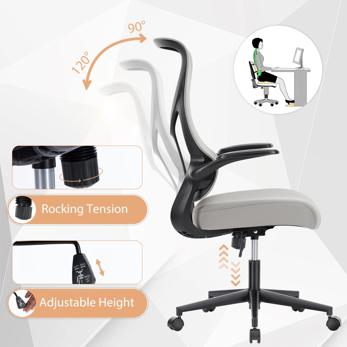 Silla ergonómica de escritorio para computadora con respaldo alto, giratoria, con ruedas y brazos abatibles, con soporte lumbar de malla JHK