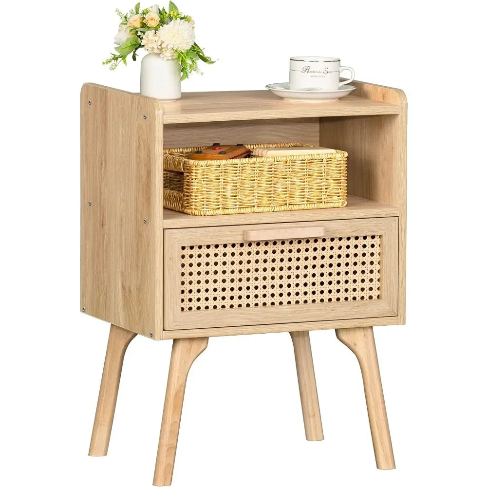 Rattan Nightstands Set of 1, Cane Accent Bedside End Table with Solid Wood Legs for Bedroom, Dorm and Small Spaces