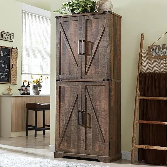 Garde-manger de cuisine, armoire de rangement avec portes de grange, organisateur, tiroir et étagères réglables, armoire en bois rustique pour cuisine