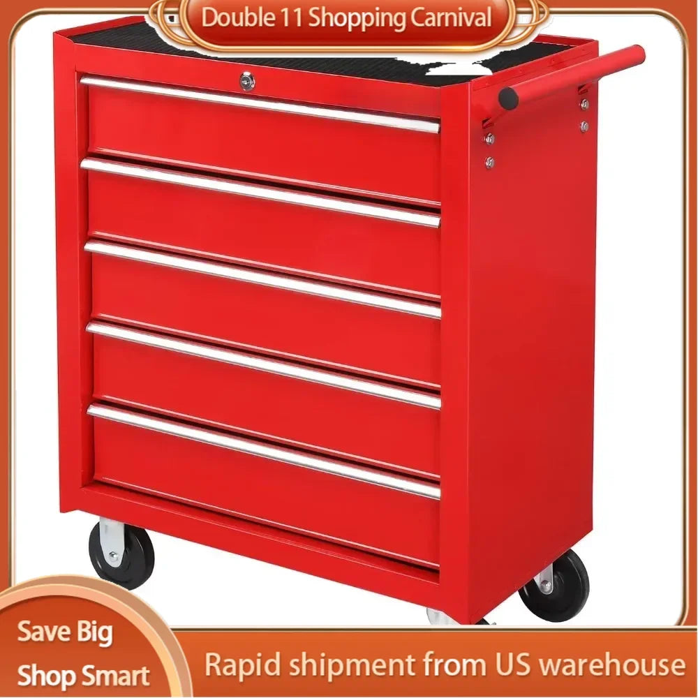 5-Drawer Rolling Tool Chest W/Lock & Key Tool Storage Cabinet with Wheels Top Cushion & Drawer Liners for Garage Warehouse